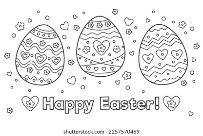 Coloring page 3 easter eggs with beautiful ornament vector black and white illustration isolated on white background. Text Happy Easter! Anti-stress coloring page with little details, flowers, hearts