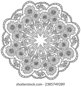 Página de coloreado - 311, dibujado a mano, vector. Mandala 254, étnico, patrón giratorio, objeto aislado en fondo blanco.