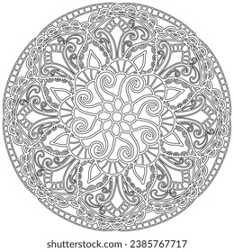 Página de coloreado - 313, dibujado a mano, vector. Mandala 256, étnico, patrón giratorio, objeto aislado en fondo blanco.