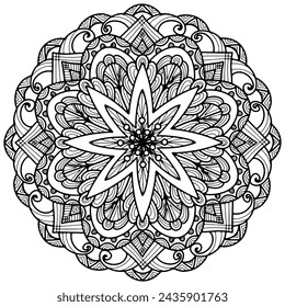Coloring page 368, hand drawn, vector. Mandala 311, ethnic, swirl pattern, object isolated on white background.