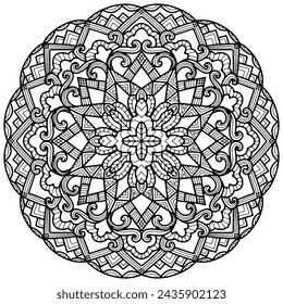 Coloring page 369, hand drawn, vector. Mandala 312, ethnic, swirl pattern, object isolated on white background.