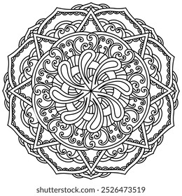 Coloração página 384, desenhado à mão, vetor. Mandala 327, étnico, padrão de espiral, objeto isolado no fundo branco.