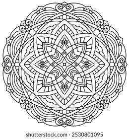 Coloring page 390, hand drawn, vector. Mandala 333, ethnic, swirl pattern, object isolated on white background.