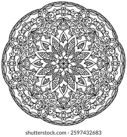 Coloring page 412, hand drawn, vector. Mandala 355, ethnic, swirl pattern, object isolated on white background.