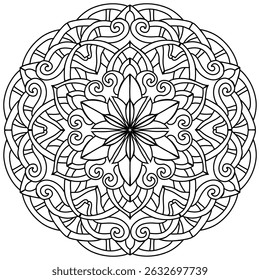 Coloração página 423, desenhado à mão, vetor. Mandala 364, étnico, padrão em espiral, objeto isolado no fundo branco.