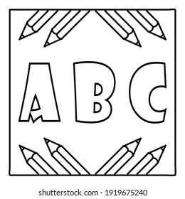 Una página de color con el texto 'A B C' rodeado de dibujos a lápiz. Diseño de vectores en EPS 8