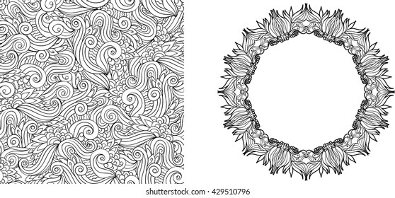 Coloring page with abstract floral elements. Seamless pattern. Frame of floral elements.