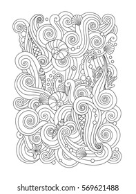 Coloring page with abstract sea background: waves, shells, corals. Vertical composition. Coloring book for adult and older children. Editable vector illustration.
