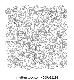 Coloring page with abstract sea background: waves, shells, corals. Square composition. Coloring book for adult and older children. Editable vector illustration.
