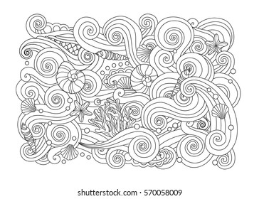 Coloring page with abstract sea background: waves, shells, corals. Horizontal composition. Coloring book for adult and older children. Editable vector illustration.
