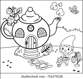 Coloring Page Activity with Gnome For Children (Vector illustration)