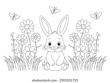 Coloring page with adorable bunny in grass and flowers. Hand drawn vector contoured black and white illustration. Design template for kids coloring book, poster or postcard.