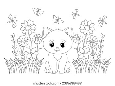 Coloring page with adorable kitty in grass and flowers. Hand drawn vector contoured black and white illustration. Design template for kids coloring book, poster or postcard.