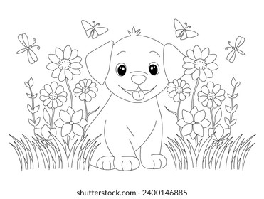 Coloring page with adorable puppy in grass and flowers. Hand drawn vector contoured black and white illustration. Design template for kids coloring book, poster or postcard.