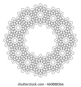 Coloring page for adult, anti stress coloring and other decoration. Round decorative geometric pattern. Lace circle design template. Abstract mono line background. Mandala illustration