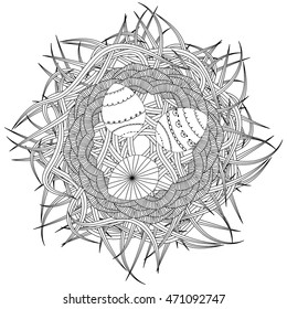 Coloring page for adult, anti stress coloring and other decoration. Zentangle design.  Abstract nest with decorative eggs and grass