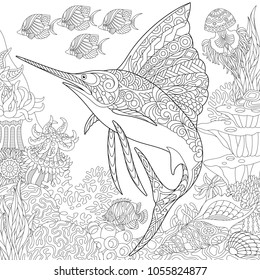 Coloring page. Adult coloring book idea. Underwater background with sailfish, jellyfish, tropical fishes and ocean plants. Antistress freehand sketch drawing with doodle and zentangle elements.