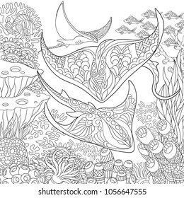 Coloring page. Adult coloring book idea. Underwater background with stingray shoal, tropical fishes and ocean plants. Antistress freehand sketch drawing with doodle and zentangle elements.