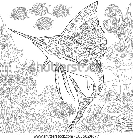 Coloring Page Adult Book Idea Underwater Background With Sailfish Jellyfish Tropical
