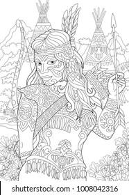 Coloring Page. Adult Coloring Book. Native American Indian Woman. Navajo ethnicity. Cherokee nation. Boho tribal culture. Antistress freehand sketch drawing with doodle and zentangle elements.