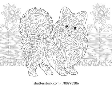 Coloring Page. Adult Coloring Book. Pomeranian spitz, dog symbol of 2018 Chinese New Year. Rural scene with sunflowers. Antistress freehand sketch drawing with doodle and zentangle elements.