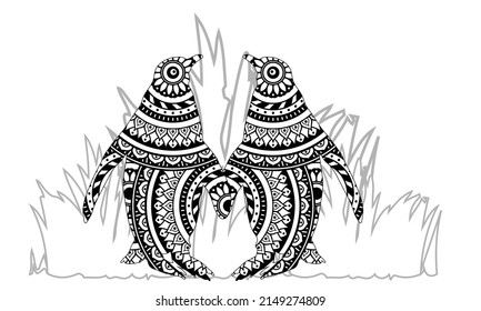 Coloring Page. Adult Coloring Book. Puffin, seabird of North Pacific and Atlantic Oceans. Emperor Penguins couple in love. Antistress freehand sketch collection with doodle and zentangle elements