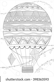 Coloring page adult and children A4. Vector  Monochrome Zentangle stylized abstract fantastic Balloon flying ethnic Pattern. Hand Drawn Texture. Coloring Book antistres 