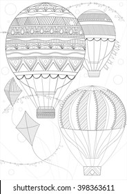 Coloring page adult and children A4. Vector  Monochrome Zentangle stylized abstract fantastic Balloon flying ethnic Pattern. Hand Drawn Texture. Coloring Book antistres 