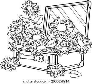 Coloring page for adult and children.  Flowers in a suitcase