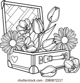 Coloring page for adult and children. Flowers in a suitcase