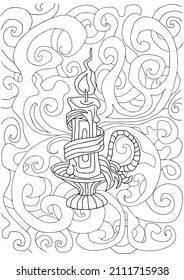 Coloring page for adult and children. Hand drawn outline old retro candelabrum with fire and fume. 