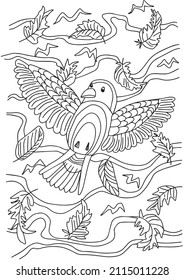 Coloring page for adult and children. Hand drawn outline illustration with sparrow bird, ribons and feathers. Antistress drawing