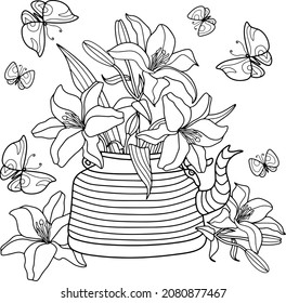 Coloring page for adult and children. Lilies in teapot