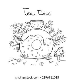 Coloring page for adult and childrens with outline donut, cup of tea and summer plants. Line art design for antistress colouring book. Hand drawn black and white illustration in vector doodle style