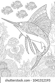 Coloring page for adult colouring book. Underwater background with sailfish, jellyfish, tropical fishes and ocean plants. Antistress freehand sketch drawing with doodle and zentangle elements.