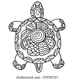 coloring page for adult. Drawing zentangle turtle, shirt design effect, logo, tattoo and decoration. African, Indian, totem, tattoo design.  prints or t-shirt.