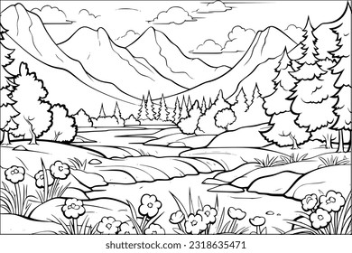 Coloring page for adult and kids of meadow with river