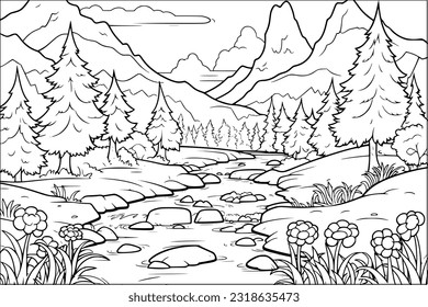 Coloring page for adult and kids of meadow with river