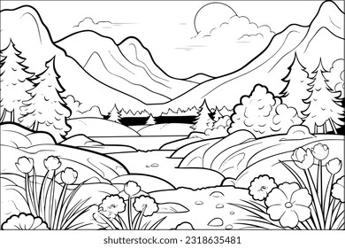 Coloring page for adult and kids of meadow with river