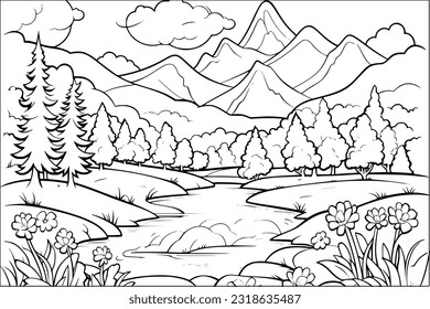 Coloring page for adult and kids of meadow with river