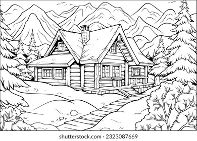 Coloring page for adult and kids. Wooden cabin in pine forest with mountains background