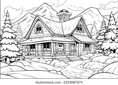 Coloring page for adult and kids. Wooden cabin in pine forest with mountains background