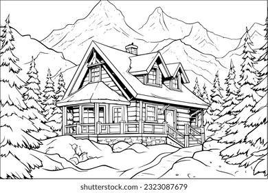 Coloring page for adult and kids. Wooden cabin in pine forest with mountains background