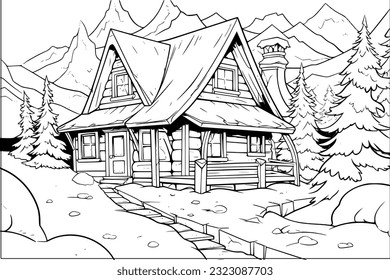 Coloring page for adult and kids. Wooden cabin in pine forest with mountains background