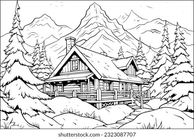 Coloring page for adult and kids. Wooden cabin in pine forest with mountains background