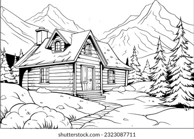 Coloring page for adult and kids. Wooden cabin in pine forest with mountains background