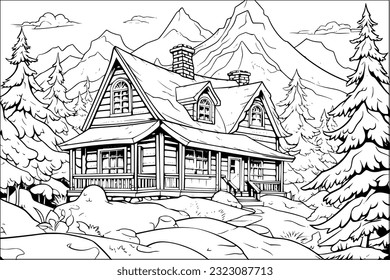 Coloring page for adult and kids. Wooden cabin in pine forest with mountains background