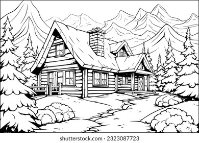 Coloring page for adult and kids. Wooden cabin in pine forest with mountains background