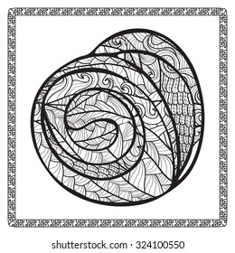Coloring page for adult and older children. Coloring page with decorative peach in zentangle style