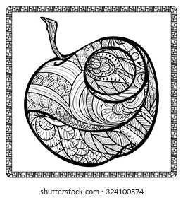 Coloring page for adult and older children. Coloring page with decorative apple in zentangle style